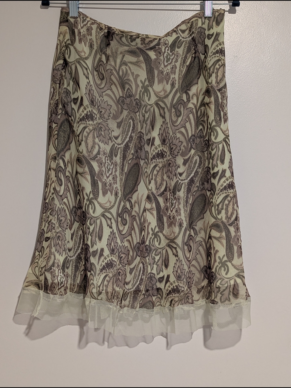 New York City Design Co Vintage Y2K Silk Paisley Mesh Trim Fairy Midi Skirt 8